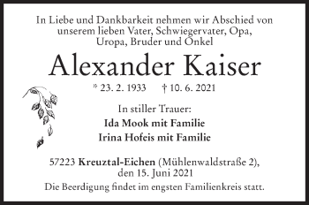 Traueranzeige von Alexander Kaiser von Siegener Zeitung