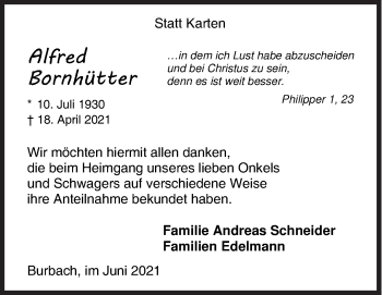 Traueranzeige von Alfred Bornhütter von Siegener Zeitung