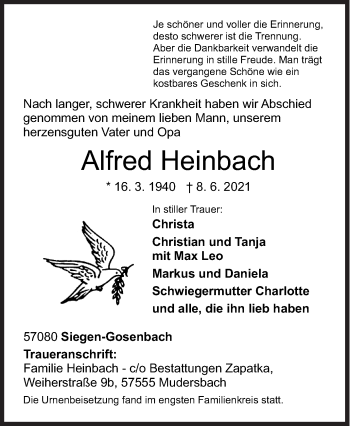 Traueranzeige von Alfred Heinbach von Siegener Zeitung