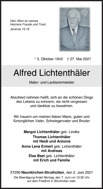 Traueranzeige von Alfred Lichtenthäler von Siegener Zeitung