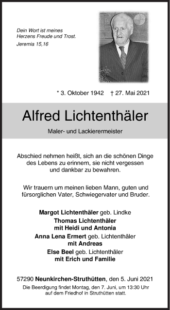 Traueranzeige von Alfred Lichtenthäler von Siegener Zeitung