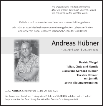 Traueranzeige von Andreas Hübner von Siegener Zeitung