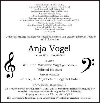 Traueranzeige von Anja Vogel von Siegener Zeitung