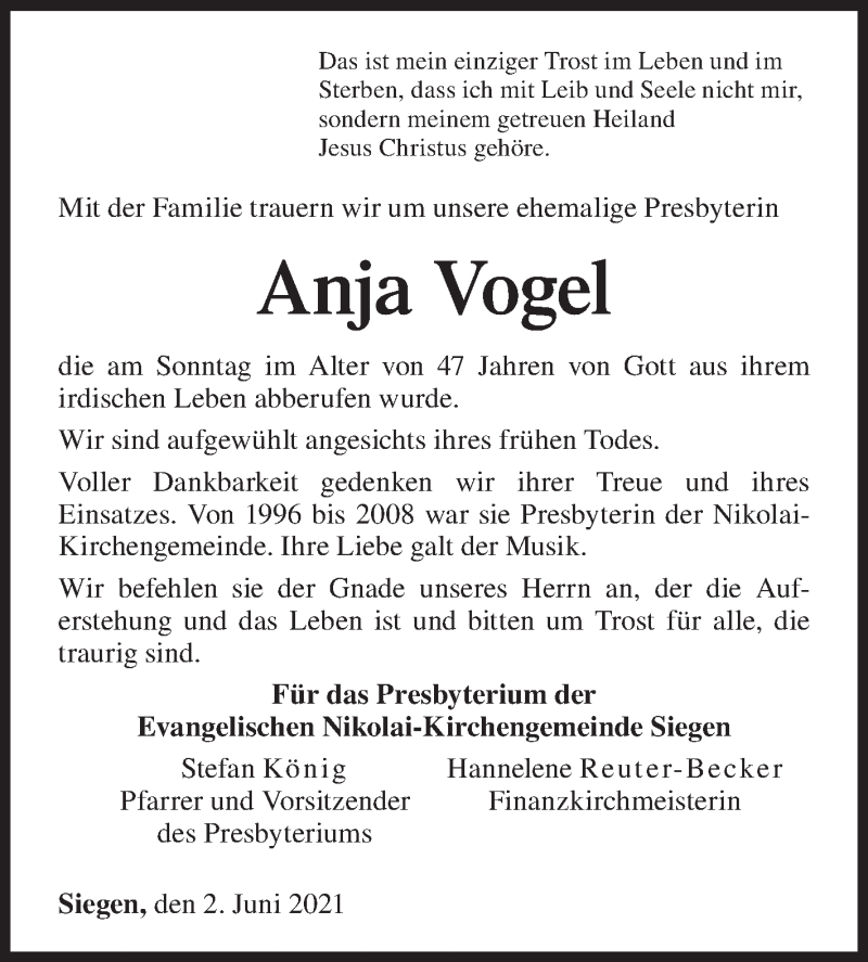  Traueranzeige für Anja Vogel vom 02.06.2021 aus Siegener Zeitung