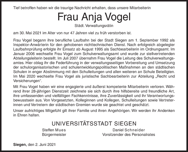  Traueranzeige für Anja Vogel vom 02.06.2021 aus Siegener Zeitung