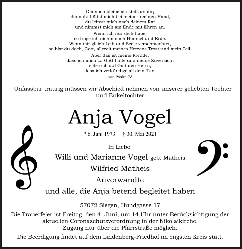  Traueranzeige für Anja Vogel vom 01.06.2021 aus Siegener Zeitung