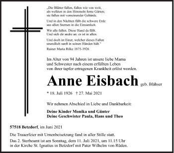 Traueranzeige von Anne Eisbach von Siegener Zeitung