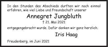 Traueranzeige von Annegret Jungbluth von Siegener Zeitung