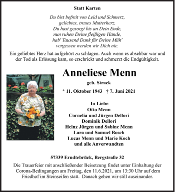 Traueranzeige von Anneliese Menn von Siegener Zeitung