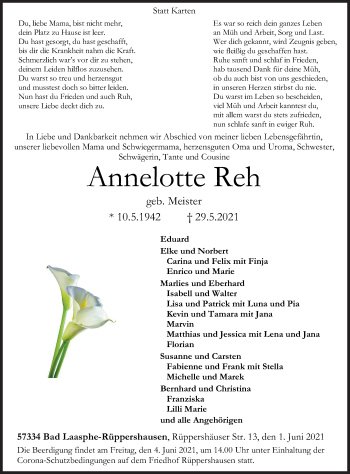 Traueranzeige von Annelotte Reh von Siegener Zeitung