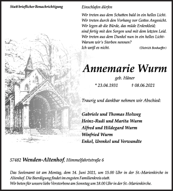 Traueranzeige von Annemarie Wurm von Siegener Zeitung
