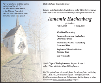 Traueranzeige von Annemie Hachenberg von Siegener Zeitung