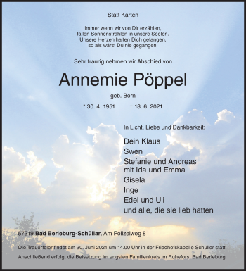 Traueranzeige von Annemie Pöppel von Siegener Zeitung