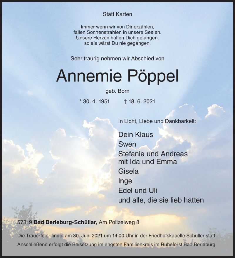  Traueranzeige für Annemie Pöppel vom 22.06.2021 aus Siegener Zeitung