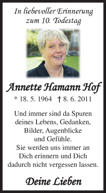 Traueranzeige von Annette Hamann Hof von Siegener Zeitung