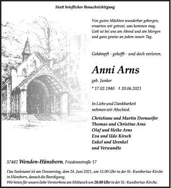 Traueranzeige von Anni Arns von Siegener Zeitung