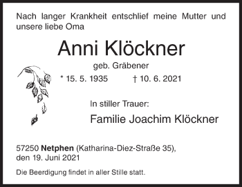 Traueranzeige von Anni Klöckner von Siegener Zeitung