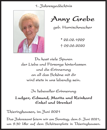 Traueranzeige von Anny Grebe von Siegener Zeitung