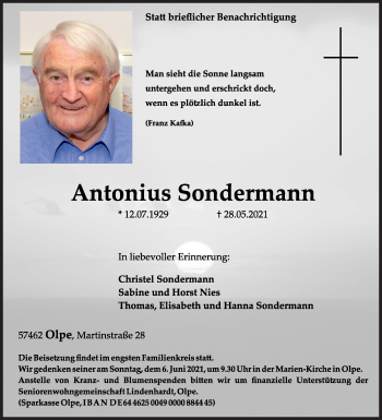 Traueranzeige von Antonius Sondermann von Siegener Zeitung