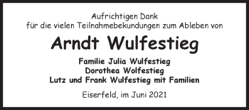 Traueranzeige von Arndt Wulfestieg von Siegener Zeitung