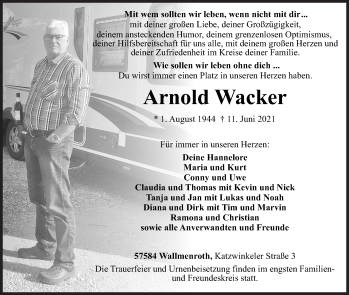 Traueranzeige von Arnold Wacker von Siegener Zeitung