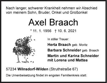 Traueranzeige von Axel Braach von Siegener Zeitung