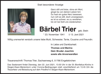 Traueranzeige von Bärbel Trier von Siegener Zeitung