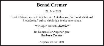 Traueranzeige von Bernd Cremer von Siegener Zeitung