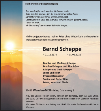 Traueranzeige von Bernd Scheppe von Siegener Zeitung