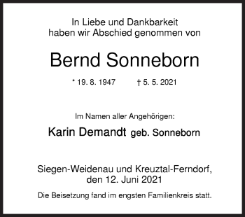 Traueranzeige von Bernd Sonneborn von Siegener Zeitung