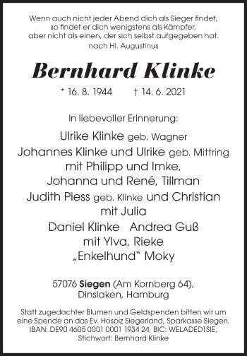 Traueranzeige von Bernhard Klinke von Siegener Zeitung