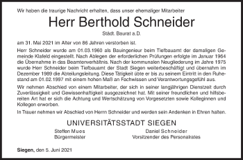 Traueranzeige von Berthold Schneider von Siegener Zeitung