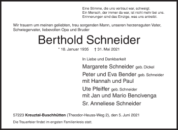 Traueranzeige von Berthold Schneider von Siegener Zeitung