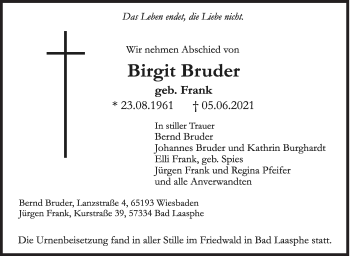 Traueranzeige von Birgit Bruder von Siegener Zeitung