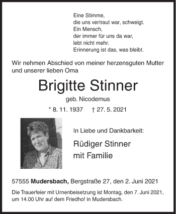 Traueranzeige von Brigitte Stinner von Siegener Zeitung