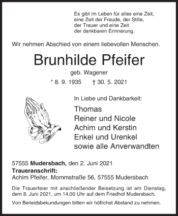 Traueranzeige von Brunhilde Pfeifer von Siegener Zeitung
