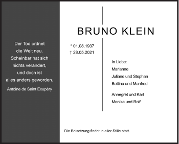 Traueranzeige von Bruno Klein von Siegener Zeitung