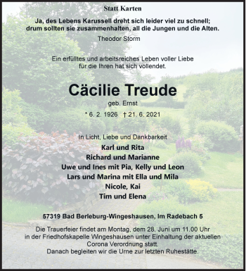 Traueranzeige von Cäcilie Treude von Siegener Zeitung
