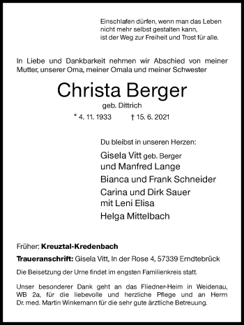 Traueranzeige von Christa Berger von Siegener Zeitung