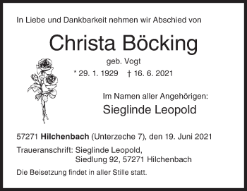 Traueranzeige von Christa Böcking von Siegener Zeitung