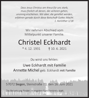 Traueranzeige von Christel Eckhardt von Siegener Zeitung