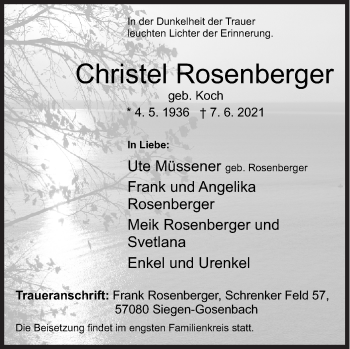 Traueranzeige von Christel Rosenberger von Siegener Zeitung
