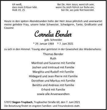 Traueranzeige von Cornelia Bender von Siegener Zeitung