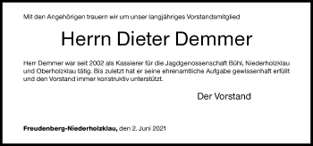 Traueranzeige von Dieter Demmer von Siegener Zeitung