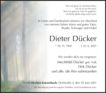 Traueranzeige von Dieter Dücker von Siegener Zeitung