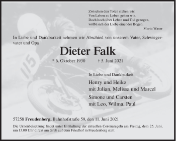 Traueranzeige von Dieter Falk von Siegener Zeitung