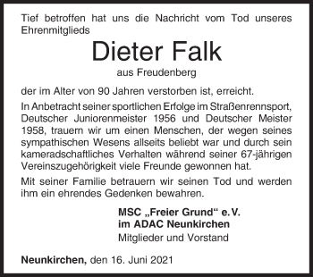 Traueranzeige von Dieter Falk von Siegener Zeitung