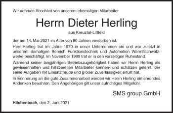 Traueranzeige von Dieter Herling von Siegener Zeitung