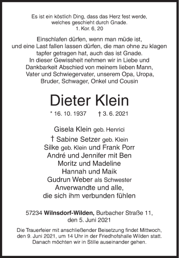 Traueranzeige von Dieter Klein von Siegener Zeitung
