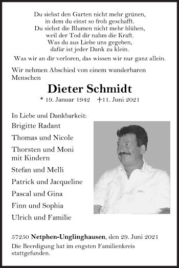 Traueranzeige von Dieter Schmidt von Siegener Zeitung
